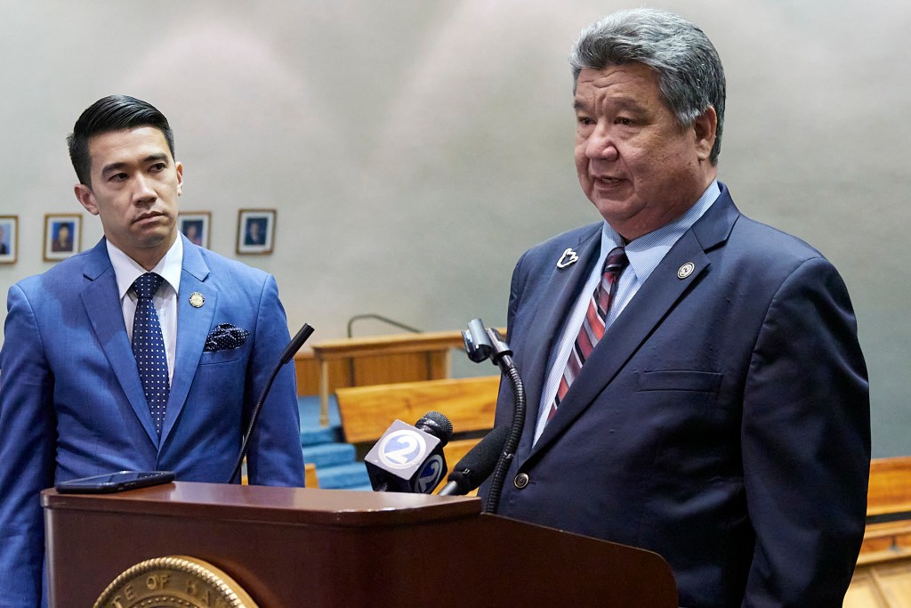Views from both the House of Representatives and the Senate, photographed April 30th, 2025. Discussion during the recesses and during each of the bills under discussion. Senate President Ron Kouchi(David Croxford/Civil Beat/2025)