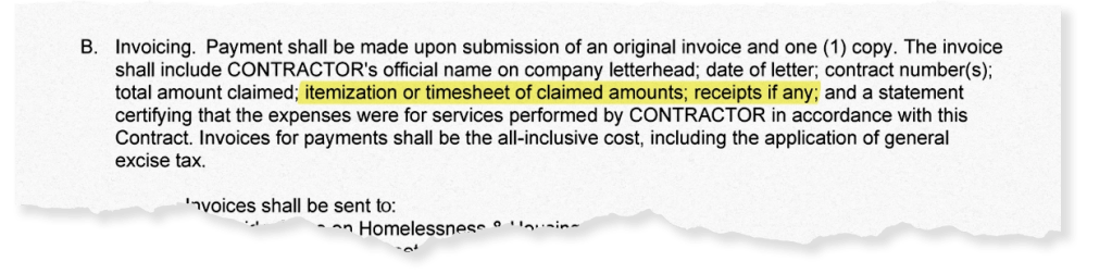 Document clipping from the Compensation and Payment Schedule for state contractors indicating that "itemization or timesheet of claimed accounts; receipts if any" be included in the contractor's invoice.