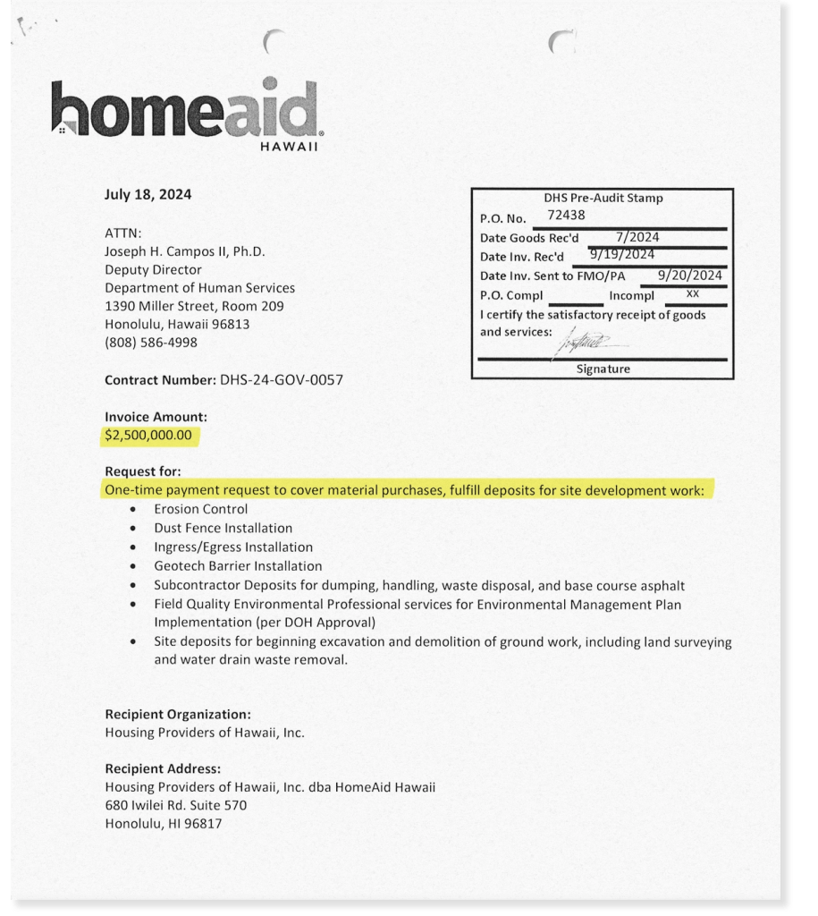 Document clipping of an invoice from the contractor Homeaid Hawaiʻi billing the state for ,500,000 with scant description as to what the money was used for.