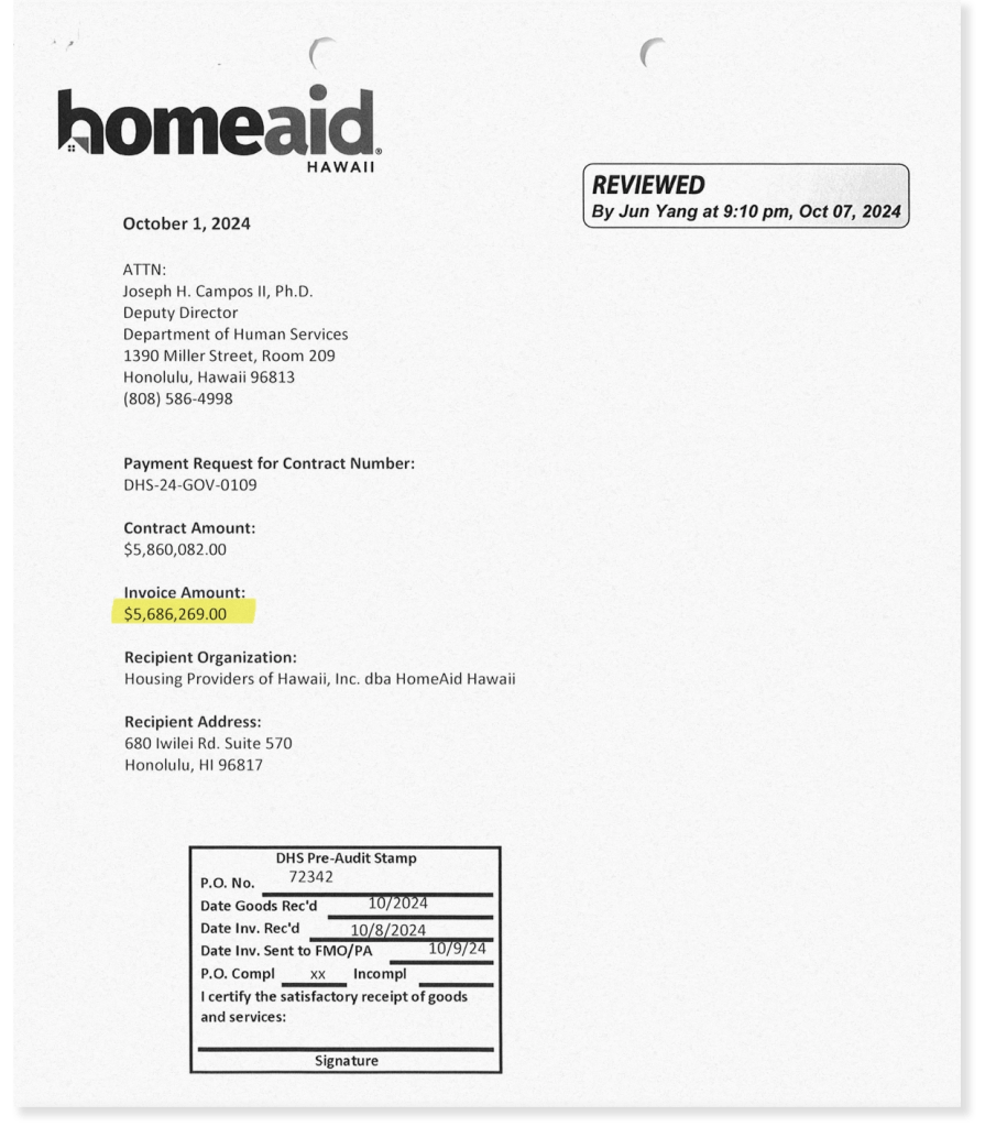 Document clipping of an invoice from the contractor Homeaid Hawaiʻi billing the state for ,686,269 with no description as to what the money was used for.
