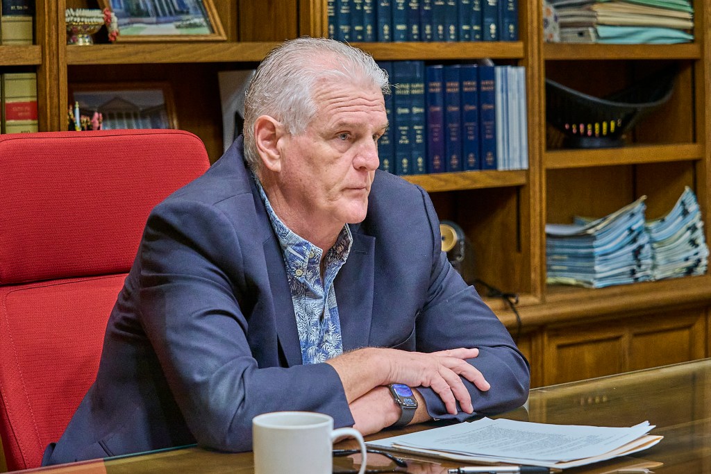 Later this year, during September, Chief Justice Mark E. Rechtenwald will retire from his position as Hawaii’s top Judge. Civil Beat’s Political Editor Chad Blair engaged the Chief Justice in a short but telling interview on May 16th, 2025 in the Supreme Court offices.(David Croxford/Civil Beat/2025)