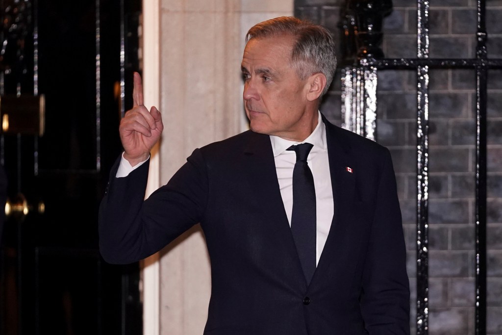 Canada's Prime Minister Mark Carney leaves 10 Downing Street after a meeting with Britain's Prime Minister Keir Starmer in London, Monday, March 17, 2025.(AP Photo/Alberto Pezzali)
