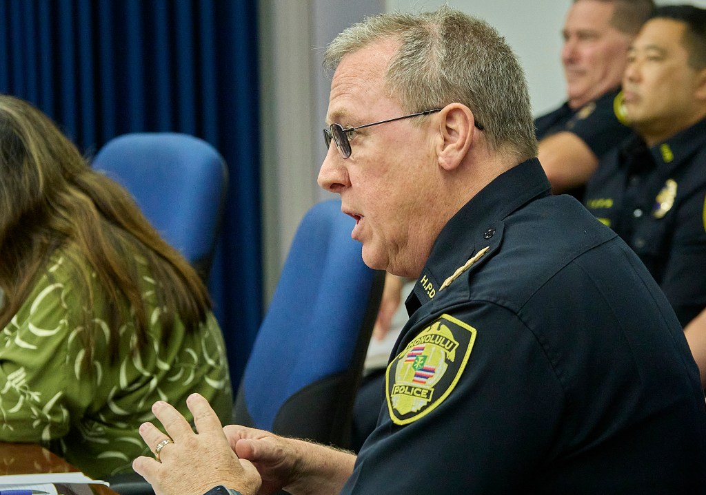 Images made at the June 4th HPD Police Commissioners meeting showing the size of the room and its normal seating capacity. Chief Arthur 'Joe' Logan gave his operational report an his administration report to the commissioners in attendance.(David Croxford/Civil Beat/2025)