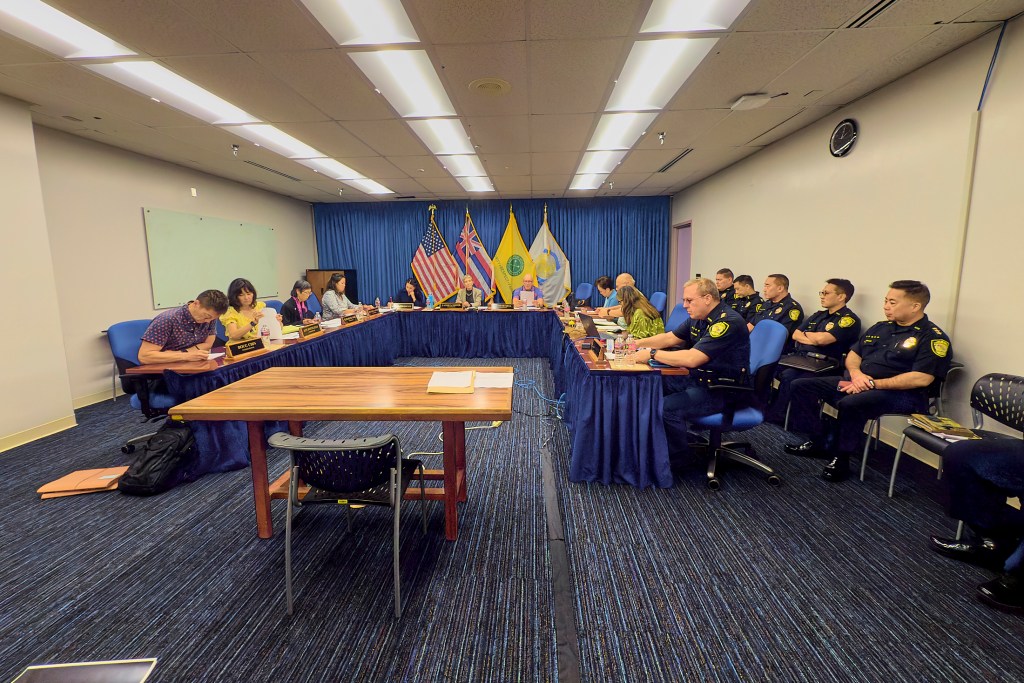 Images made at the June 4th HPD Police Commissioners meeting showing the size of the room and its normal seating capacity.  Chief Arthur ÒJoeÓ Logan gave his operational report an his administration report to the commissioners in attendance.(David Croxford/Civil Beat/2025)