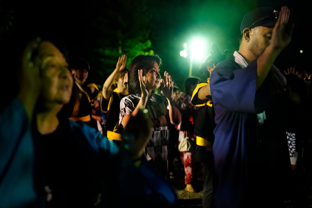 Lt. Gov. Sylvia Luke takes part in the first Bon Dance of the season Saturday, June 7, 2025, at Hawaii’s Plantation Village in Waipahu. The summer Obon season is a Japanese Buddhist tradition to celebrate life and honor ancestors. (Kevin Fujii/Civil Beat/2025)