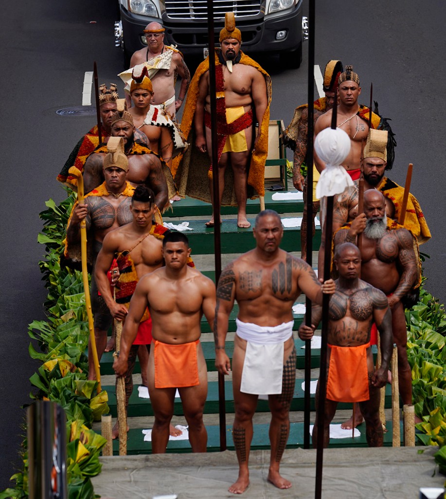 108th King Kamehameha Celebration Floral Parade’s Mō‘ī Float with Kamuela Wassman, top, makes its way down Ala Moana Boulevard Saturday, June 14, 2025, in Honolulu. In its 153 year, the King Kamehameha Day Celebrations honor Kamehameha I, the “Father of the Hawaiian Kingdom,” who united the Hawaiian Islands under one rule. His great-grandson King Kamehameha V established King Kamehameha Day in 1971. It was first observed on June 11, 1872. (Kevin Fujii/Civil Beat/2025)