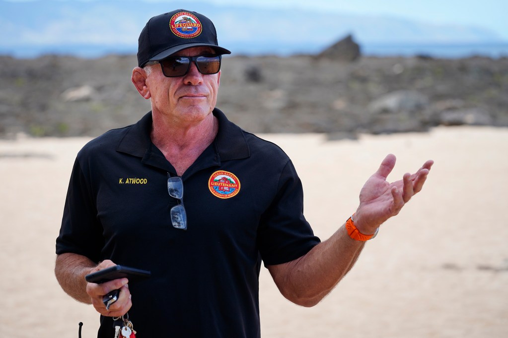 Honolulu City and County Ocean Safety Lt. Kerry Atwood stands on Ke Ike Beach Monday, June 16, 2025, on the North Shore of Oʻahu. (Kevin Fujii/Civil Beat/2025)
