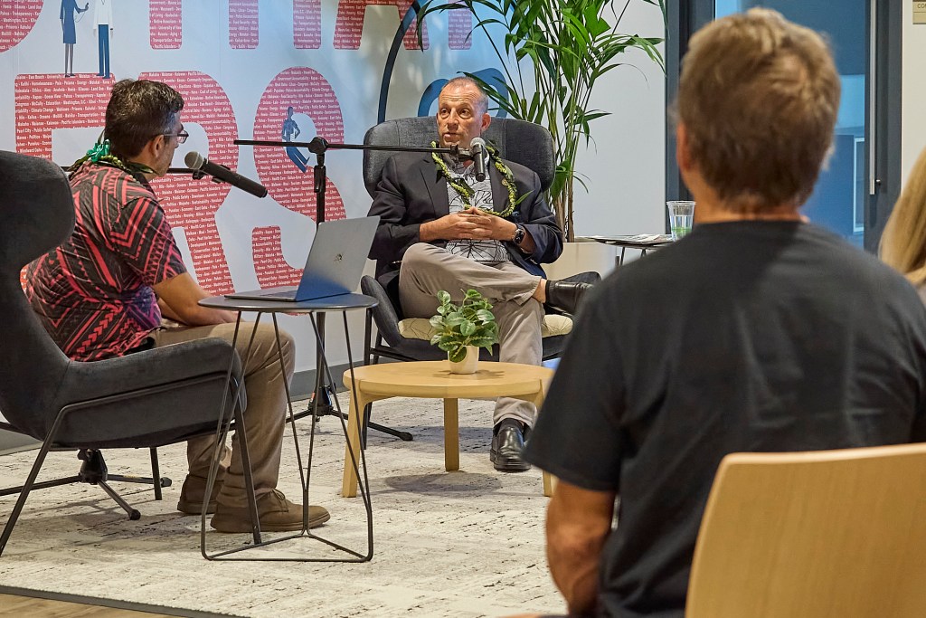 Governor Josh Green appears at a Civil Beat Café held at Civil Beat offices to discuss the New Green Fees that will soon begin to raise funds. (David Croxford/Civil Beat/2025)
