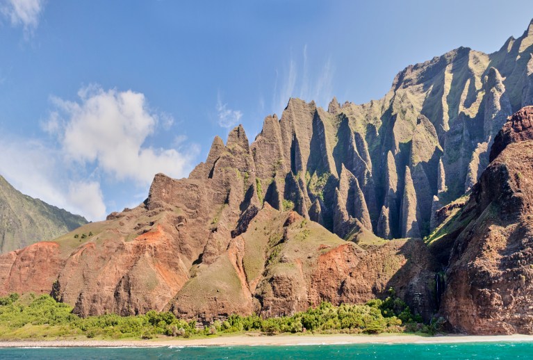 Various sections of the Napali Coast, Kauai photographed from the ocean. (David Croxford/Civil Beat/2025)