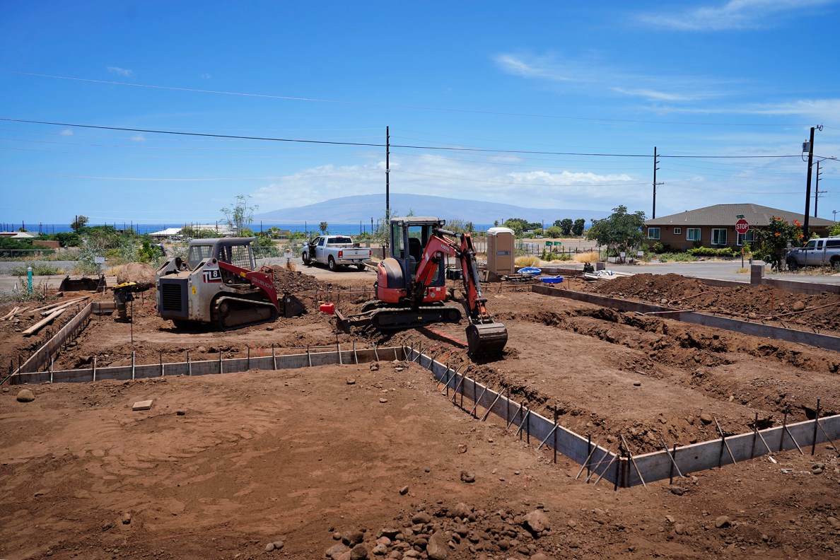 A home rebuild in the 800 block of Mela Street sets its footprint Wednesday, July 23, 2025, in Lahaina. The Aug. 8, 2023, fire destroyed the West Maui town. (Kevin Fujii/Civil Beat/2025)