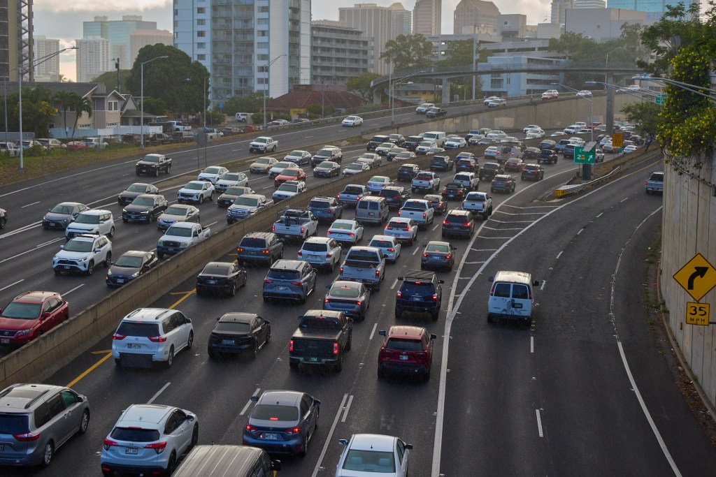 Tsunami Traffic heading away from Ocean areas was very evident on major arteries including the H1 Freeway through Honolulu and Ward Avenue heading toward the mountain and away from the ocean. scenes were photographed between 5 and 6 pm July 29th, 2025 (David Croxford/Civil Beat/2025)
