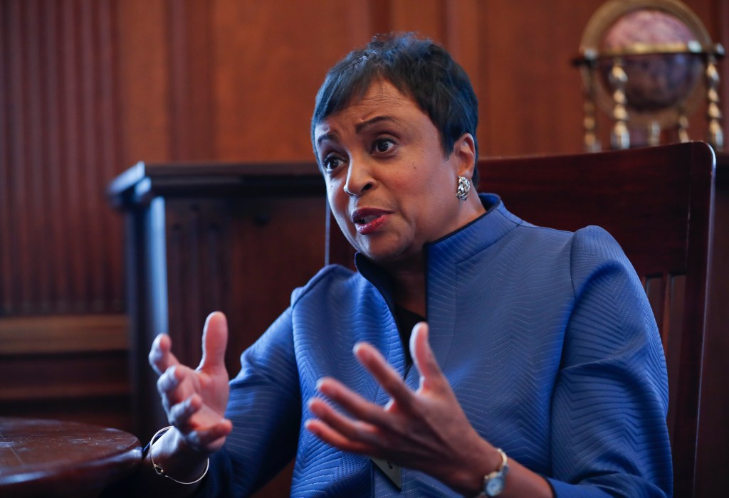 The 14th Librarian of Congress, Carla Hayden, during her interview with the Associated Press after a ceremony at the Library of Congress, where she took the oath of office, Wednesday, Sept. 14, 2016. Hayden, a former Chicago children's librarian, is the first woman and African American to serve in the role. (AP Photo/Pablo Martinez Monsivais)