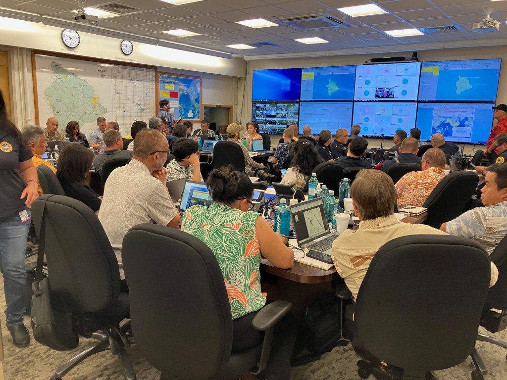 Hawaii County Civil Defense headquarters at full mobilization for the tsunami.