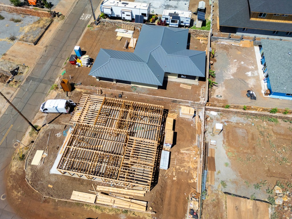 Aerial shot of area near Komo Mai street two-years after 2023 Maui fire