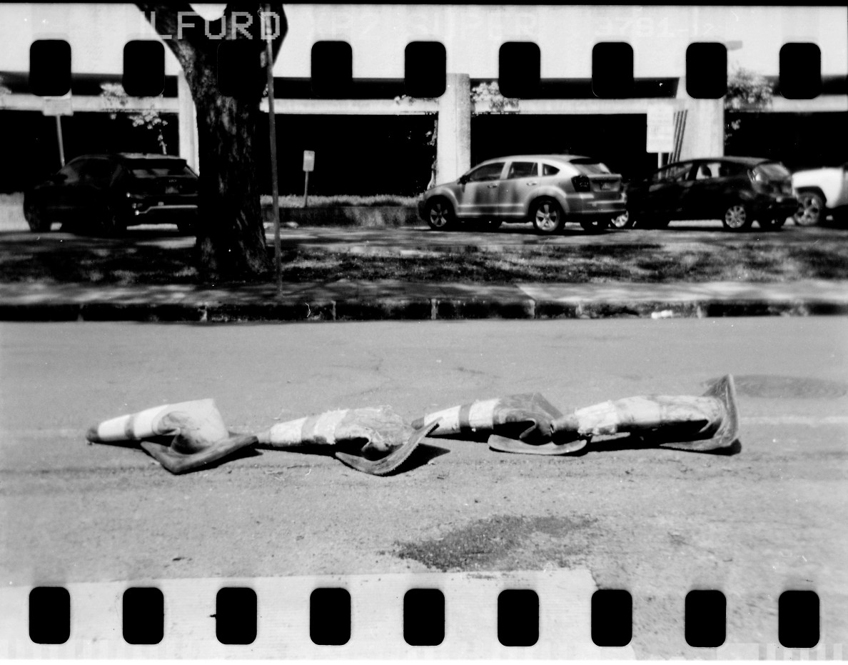 Scenes from outside of the Prince Jonah Kūhiō Kalaniana'ole Federal Building are  photographed with 35mm film inside a Holga 120 Thursday, Aug. 14, 2025, in Honolulu. (Kevin Fujii/Civil Beat/2025)