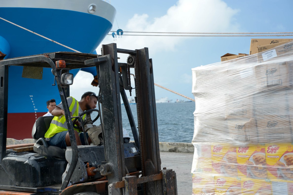 A Marshallese forklift operator moves a pallet of food on the Delap pier in Majuro, Republic of the Marshall Islands, during mission supply onload in support of Pacific Partnership 2024-1 Nov. 13, 2023. Pacific Partnership, now in its 19th iteration, is the largest multinational humanitarian assistance and disaster relief preparedness mission conducted in the Indo-Pacific and works to enhance regional interoperability and disaster response capabilities, increase security stability in the region, and foster new and enduring friendships. (U.S. Navy photo by Mass Communication Specialist 2nd Class Celia Martin)
