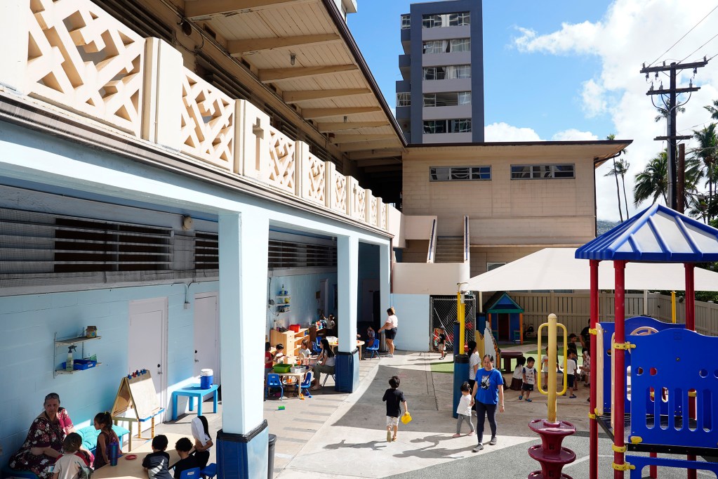 Waikīkī Community Center Preschool playground is in full use Thursday, Sept. 11, 2025, in Honolulu. (Kevin Fujii/Civil Beat/2025)