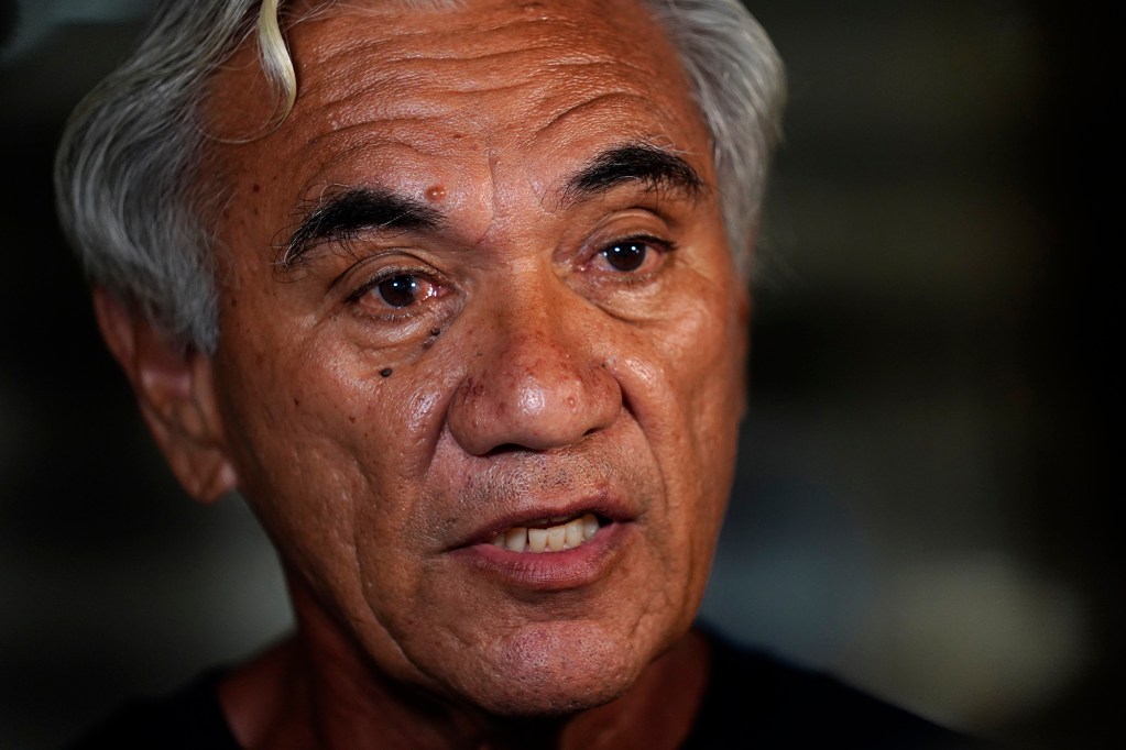 Hawaiʻian fisherman and activist William Aila speaks to reporters outside of the WESPAC meeting Tuesday, Sept. 16, 2025, in Honolulu. Environmental groups are pushing back against recent presidential executive orders to open the Pacific Islands Heritage and Papahānaumokuākea Marine National Monuments to commercial fishing. (Kevin Fujii/Civil Beat/2025)