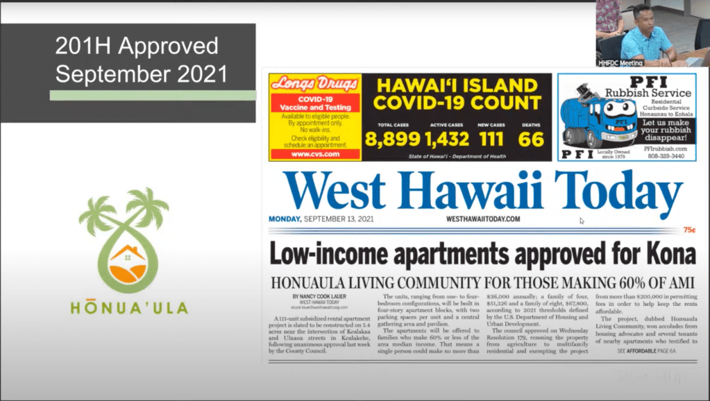 The Honua'ula apartment project in Kailua-Kona was front-page news when the developer signed an agreement with Hawaiʻi County in 2021, but the project nearly became collateral damage in the federal investigation into corruption in affordable housing projects on the Big Island. Honua'ula was never accused of wrongdoing in that investigation, but the project suffered years of delays anyway. Top right is Carlo Mireles, chief operating officer of Honua'ula.