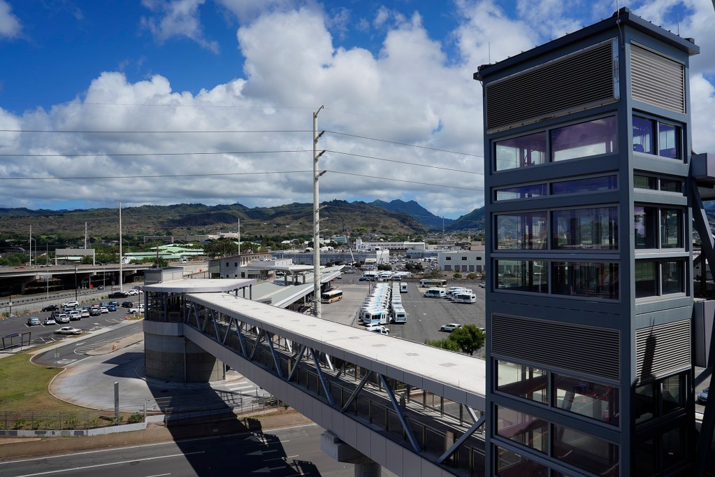 The Kamehameha Highway pedestrian overpass to the new Skyline commuter train Kahauiki station from the Middle Street Transit Center is photographed during a media preview of Section 2 Thursday, Oct. 9, 2025, in Honolulu. (Kevin Fujii/Civil Beat/2025)