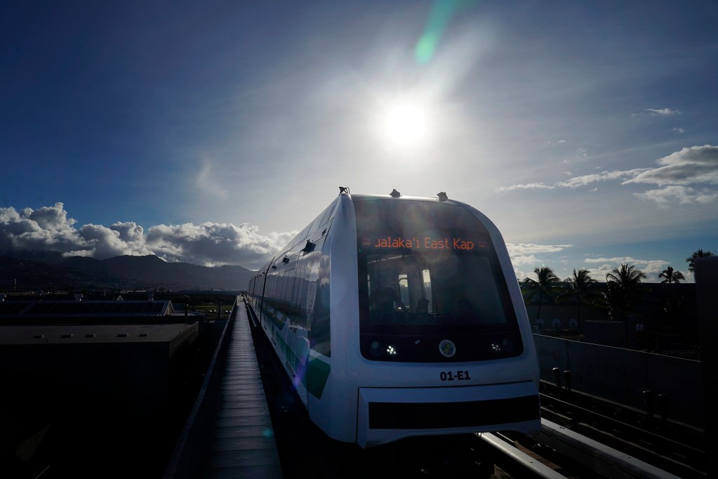 Skyline enters Āhua Station Lagoon Drive Saturday, Nov. 8, 2025, in Honolulu. (Kevin Fujii/Civil Beat/2025)
