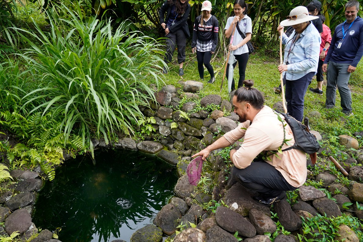A punawai or fresh-water spring at Papahana Kuaola is pointed out during the Department of Land and Natural Resources’ (DLNR) Commission on Water Resource Management (CWRM) and the Honolulu Board of Water Supply tour of multiple windward agriculture institutions Monday, Nov. 10, 2025, in Kāneʻohe. (Kevin Fujii/Civil Beat/2025)