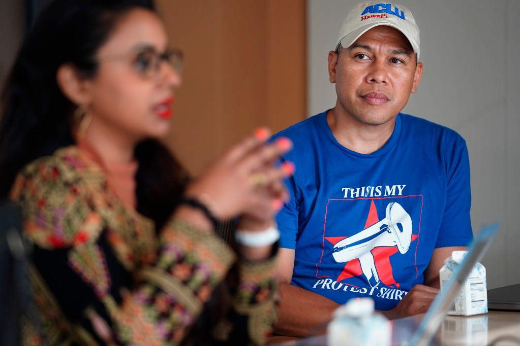 Salmah Rizvi, Executive Director and CEO, left, and Sergio Alcubilla, Director of Community Engagement at the ACLU of Hawaiʻi, are photographed Wednesday, Nov. 12, 2025, during an ed board meeting at Civil Beat in Honolulu. (Kevin Fujii/Civil Beat/2025)