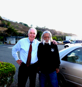 Bob Merce with Delbert Wakinekona on Oct. 28, 2011, the day he was released from Hālawa Correctional Facility after serving more than 40 years in prison. Wakinekona was suffering from liver disease, and died about two years later.