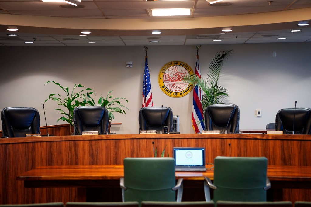 The Hawaiʻi County Council chamber is photographed Tuesday, Dec. 16, 2025, in Hilo. Today’s meeting is taking place in West Hawaiʻi. (Kevin Fujii/Civil Beat/2025)