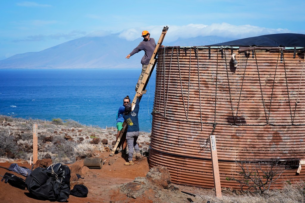 Protect Kahoʻolawe ʻOhana (PKO) Kawai Lu‘uwai, from top, Kaipu Keala and Kaulu Lu‘uwai move the remaining tarp on their catchment water tank Tuesday, Jan. 6, 2026, in Hakioawa. The tank’s second tarp was damaged and removed. (Kevin Fujii/Civil Beat/2026)