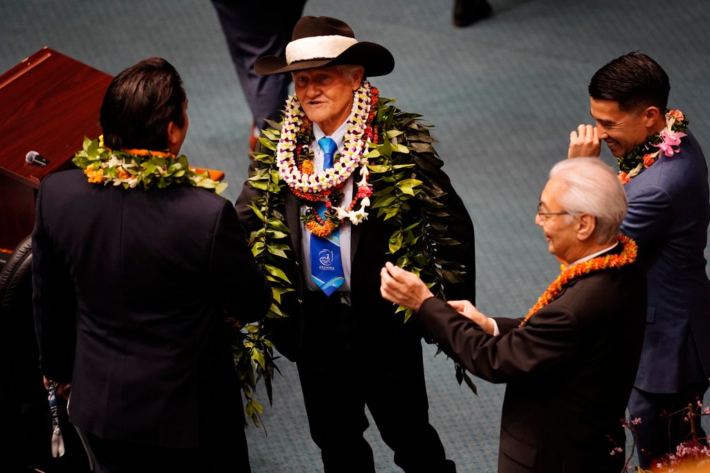 Sens. Dru Mamo Kanuha, from left, Tim Richards, Les Ihara and Brandon Elefante Hawaiʻi State Legislature opens Wednesday, Jan. 21, 2026, in Honolulu. (Kevin Fujii/Civil Beat/2026)