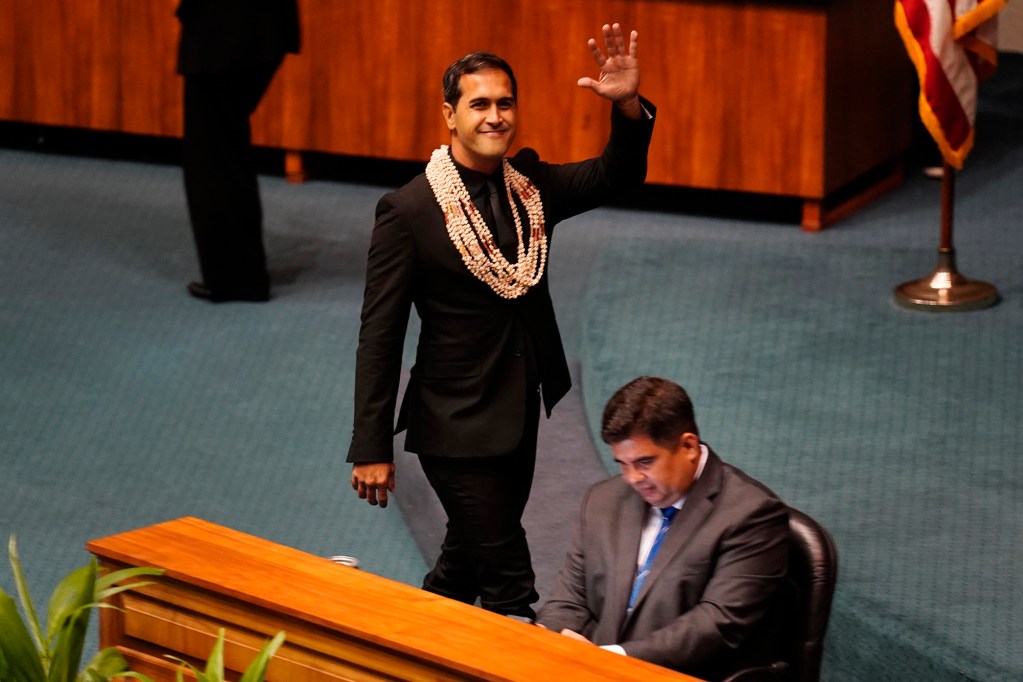 Sen. Brenton Awa waves to the gallery before the opening of the Hawaiʻi State Legislature Wednesday, Jan. 21, 2026, in Honolulu. (Kevin Fujii/Civil Beat/2026)