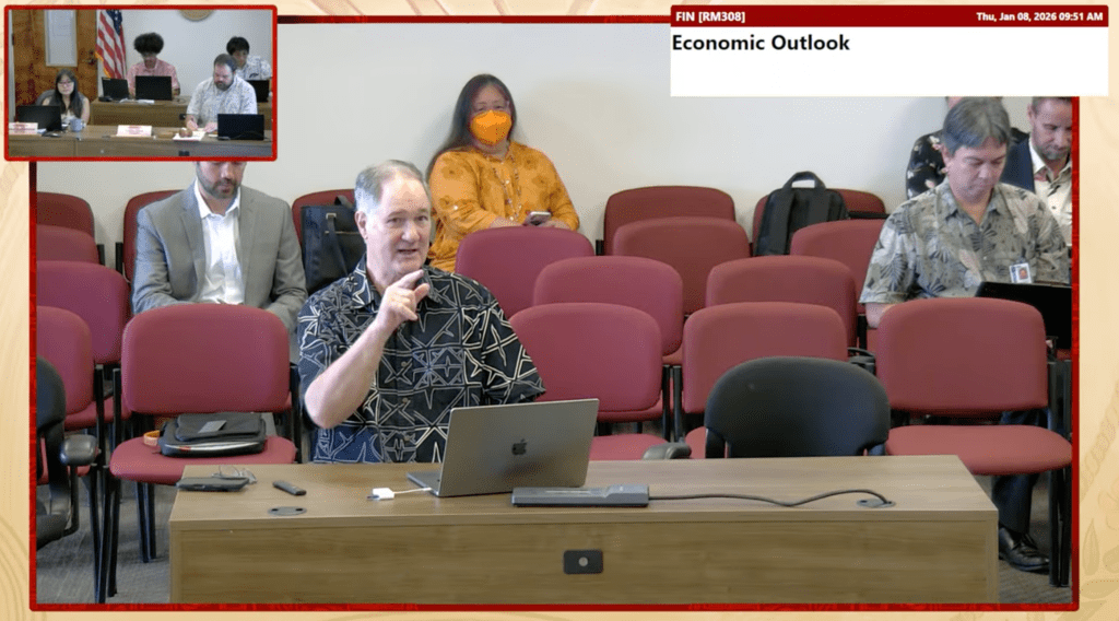 Carl Bonham, executive director of the University of Hawaiʻi Economic Research Organization (UHERO) briefs the House Finance Committee on Hawaiʻi's economic outlook on Thursday. Bonham worries that economic conditions on the mainland could deteriorate, which could have a huge impact on the state's all-important tourism industry.