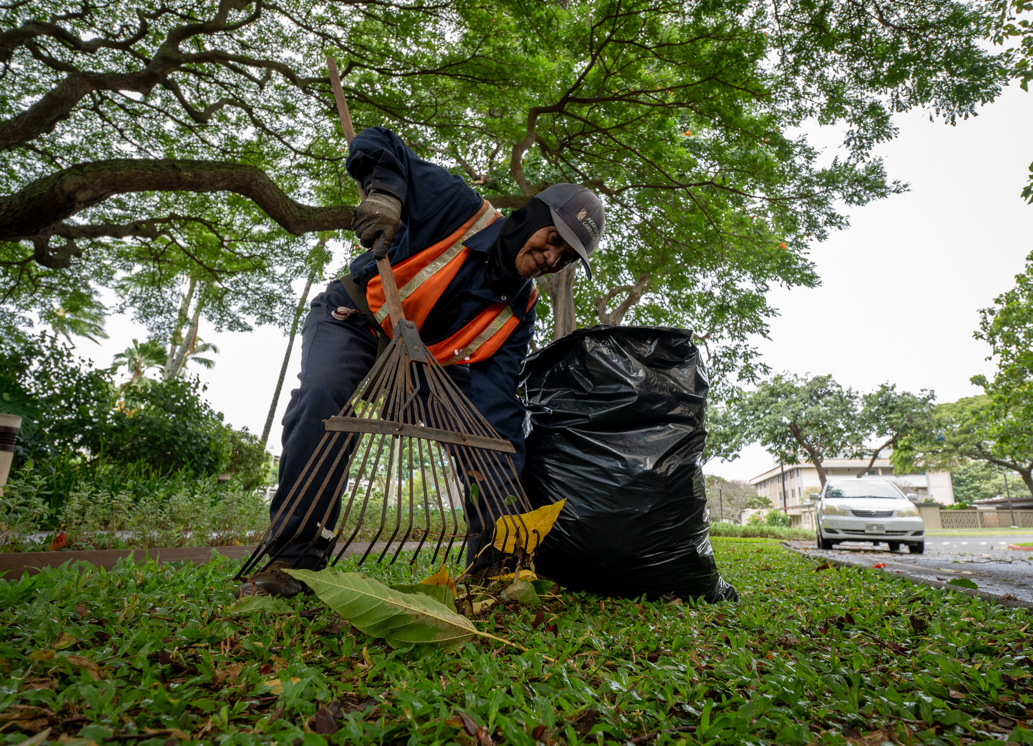 Arnulfo Pascual cleans up at UH Manoa Monday, Feb. 9, 2026. Stormy weather knocked down tree branches and spread debris all over campus. (Craig Fujii for Civil Beat)