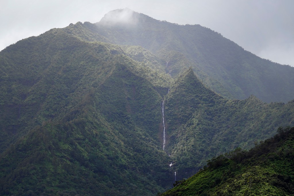 A waterfall is seen from Waiʻoli Beach Park Wednesday, Feb. 18, 2026, in Hanalei. (Kevin Fujii/Civil Beat/2026)