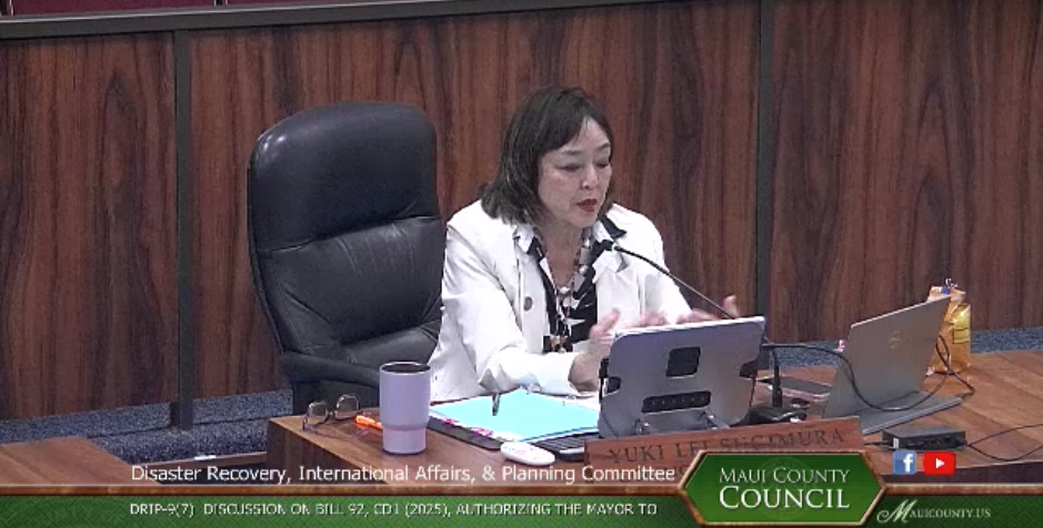 Maui County Council member Yuki Lei Sugimura speaks about Bill 92 at the Jan. 28, 2026 meeting of the council's Disaster Recovery, International Affairs and Planning Committee.
