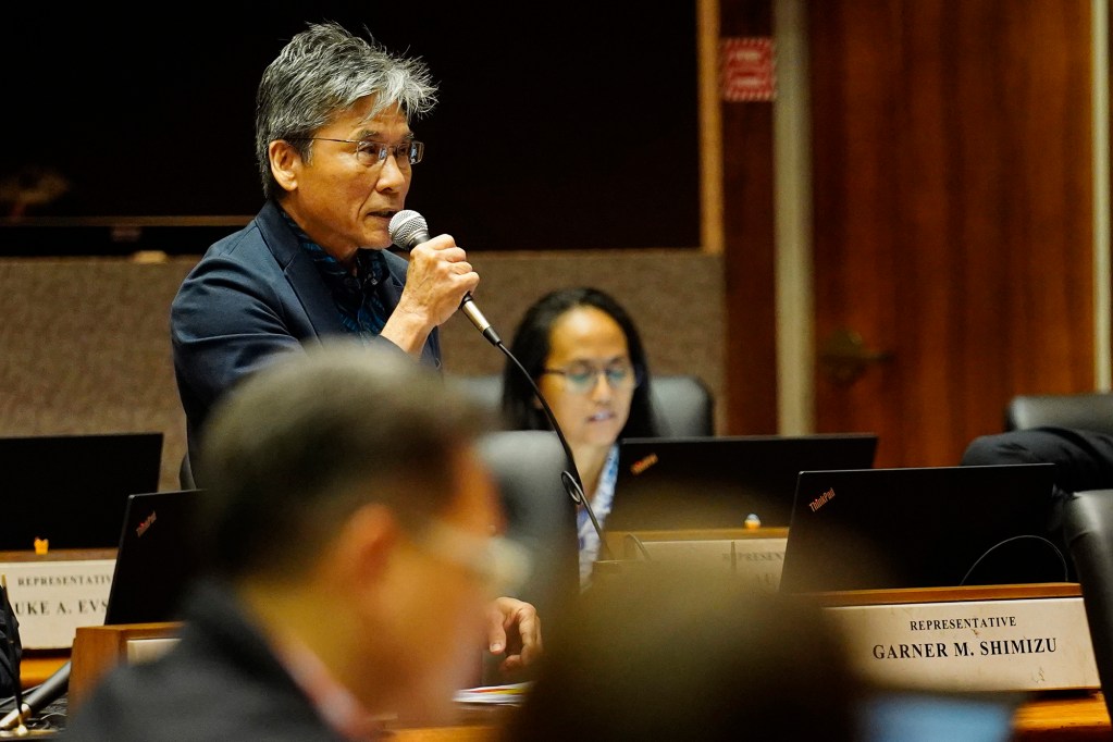 Rep. Garner Shimizu speaks Friday, March 6, 2026, in Honolulu. (Kevin Fujii/Civil Beat/2026)