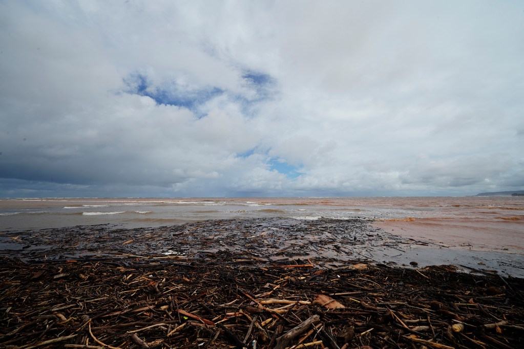 Debris on Pu‘uiko Beach and in the water is photographed Monday, March 23, 2026, in Waialua. A second Kona low storm brought heavy rain after the previous week’s downpour and high winds. (Kevin Fujii/Civil Beat/2026)