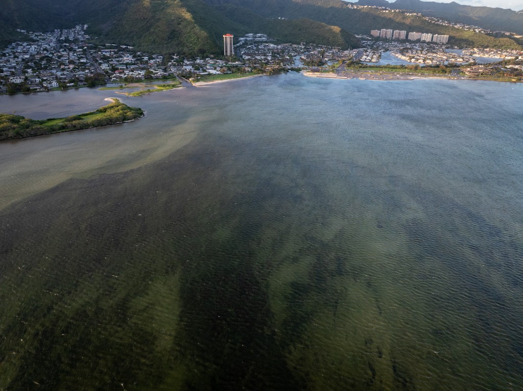 Run-off from the stream adjacent to Kuli'ou'ou Valley, left, and Hawaii Kai is seen as lighter colored water at Maunalua Bay March 24, 2026. Heavy rainfall the last two weeks created brown water advisories around Oahu. (Craig Fujii/Civil Beat/2026)