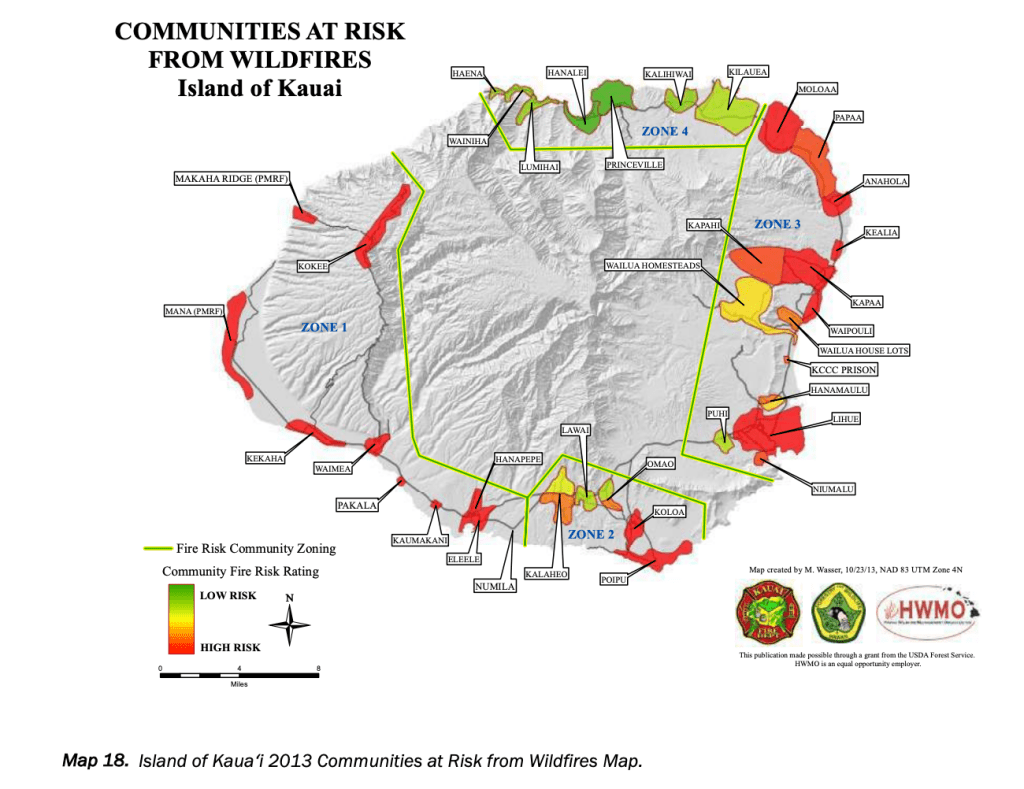 A grey map of Kaua‘i overlays a white background and depicts communities around the island in green, yellow, orange and red.
