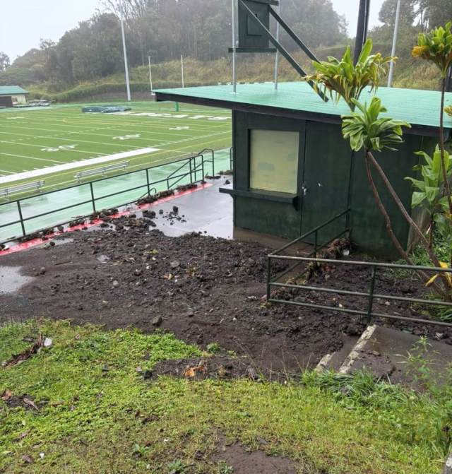 Konawaena's High School athletic facilities were damaged in the flood, including the track and field and gym. 