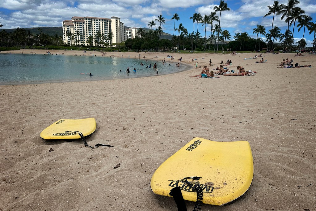 Boogie boards purchased from Costco for $50 each are photographed Thursday, April 3, 2026, at Ko Olina in Kapolei. The mother took offense to these being called cheap and wondered if they would be banned under the proposed legislation. (Kevin Fujii/Civil Beat/2026)