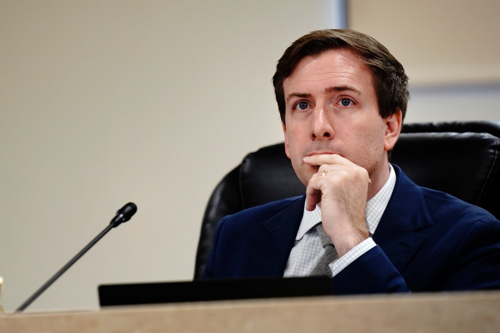 Hawaiʻi County Council member James Hustace listens to testimony Wednesday, April 22, 2026, in Kailua-Kona. (Kevin Fujii/Civil Beat/2026)