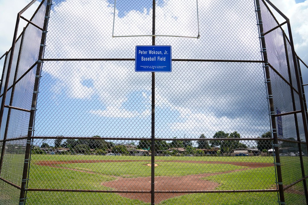 The Peter Wokoun, Jr. Baseball Field at Puʻuloa Neighborhood Park is photographed Monday, April 27, 2026, in ʻEwa Beach. Wokoun is part of John Hill’s meth project. (Kevin Fujii/Civil Beat/2026)