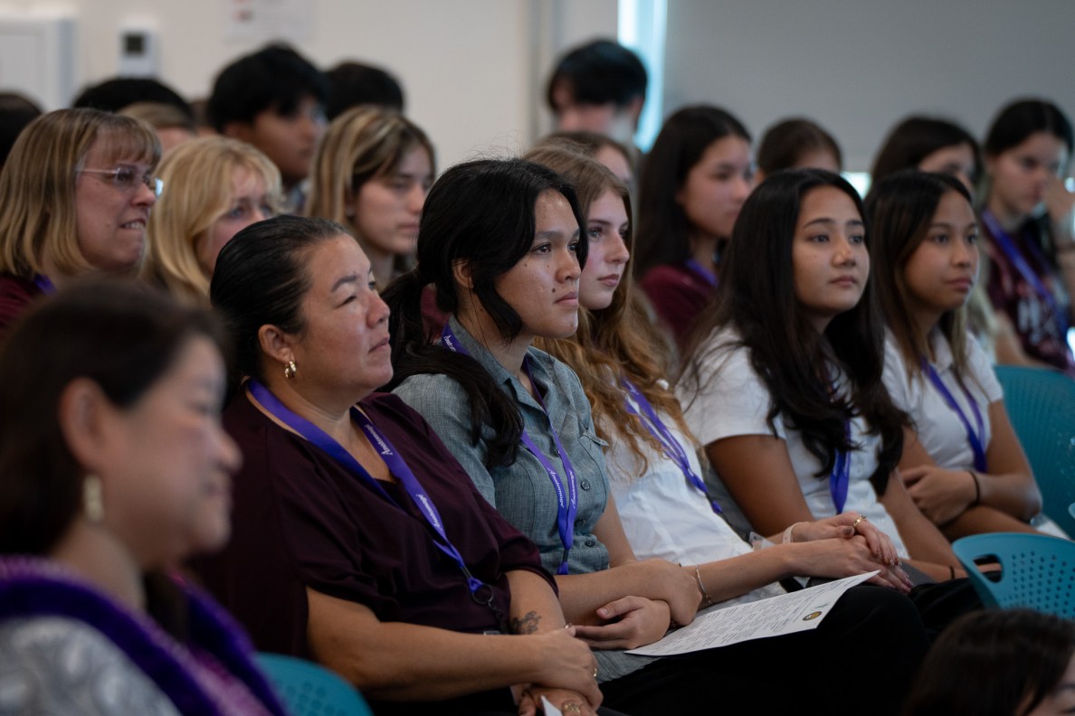 High school students listen to speakers at JABSOM April 7, 2026. They attended an educational competition focused on anatomy and physiology, and featuring a virtual cadaver table developed by Anatomage of Santa Clara, Calif.  (Craig Fujii/Civil Beat/2026)