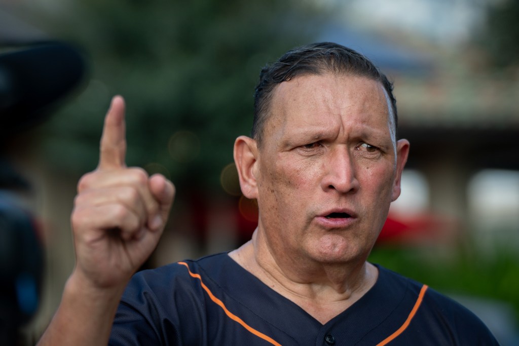 State Sen. Kurt Fevella, R-Ewa Beach, gestures as he speaks to reporters at a Kapolei protest against landfills on the west side of Oahu April 22, 2026. (Craig Fujii/Civil Beat/2026)