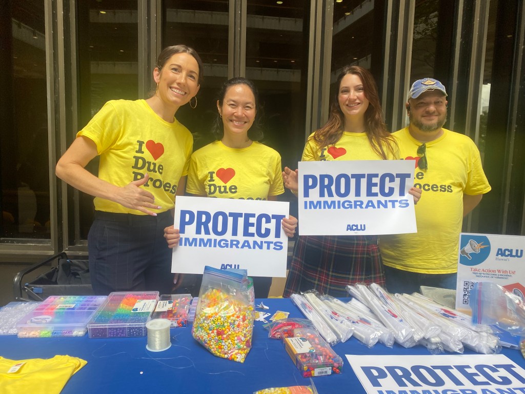 Liza Ryan-Gill, Mandy Fernandez and Josh Frost of ACLU Hawaiʻi a the Capitol Tuesday to support pro-immigration bills. Second from left is Tina Sablan of The Legal Clinic. (Chad Blair/Civil Beat/2026)