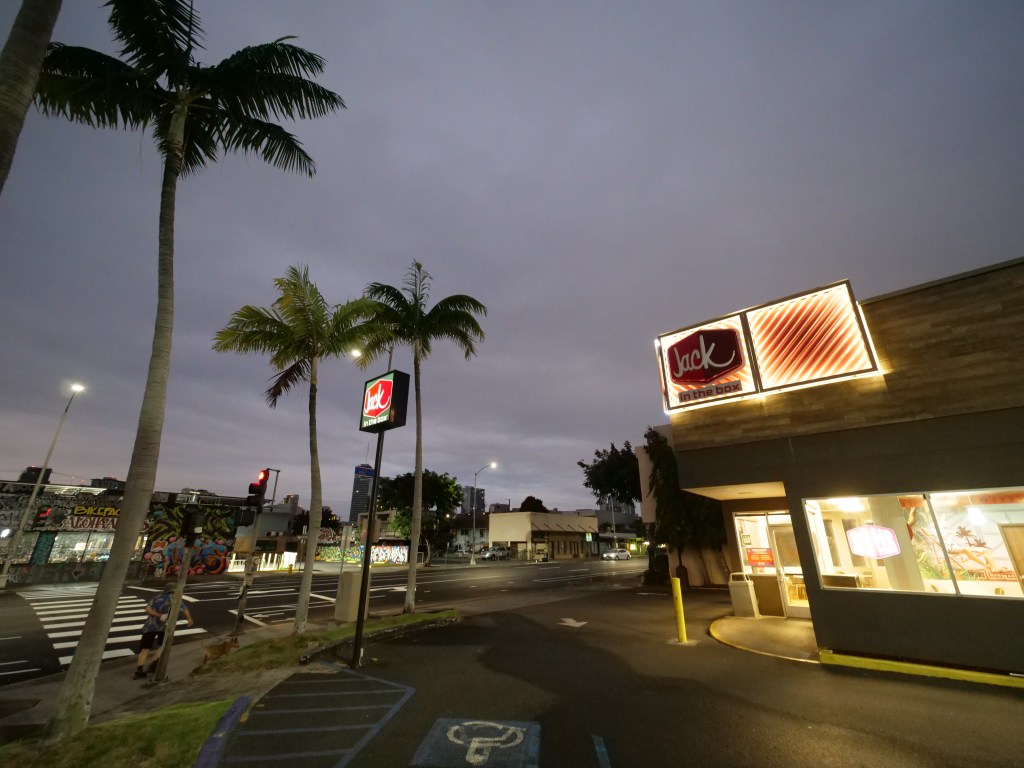 The Jack in the Box where mother and daughter Andarina Petero and Marianeina Joseph work graveyard shifts in Honolulu. (Civil Beat photo Ronen Zilberman)
