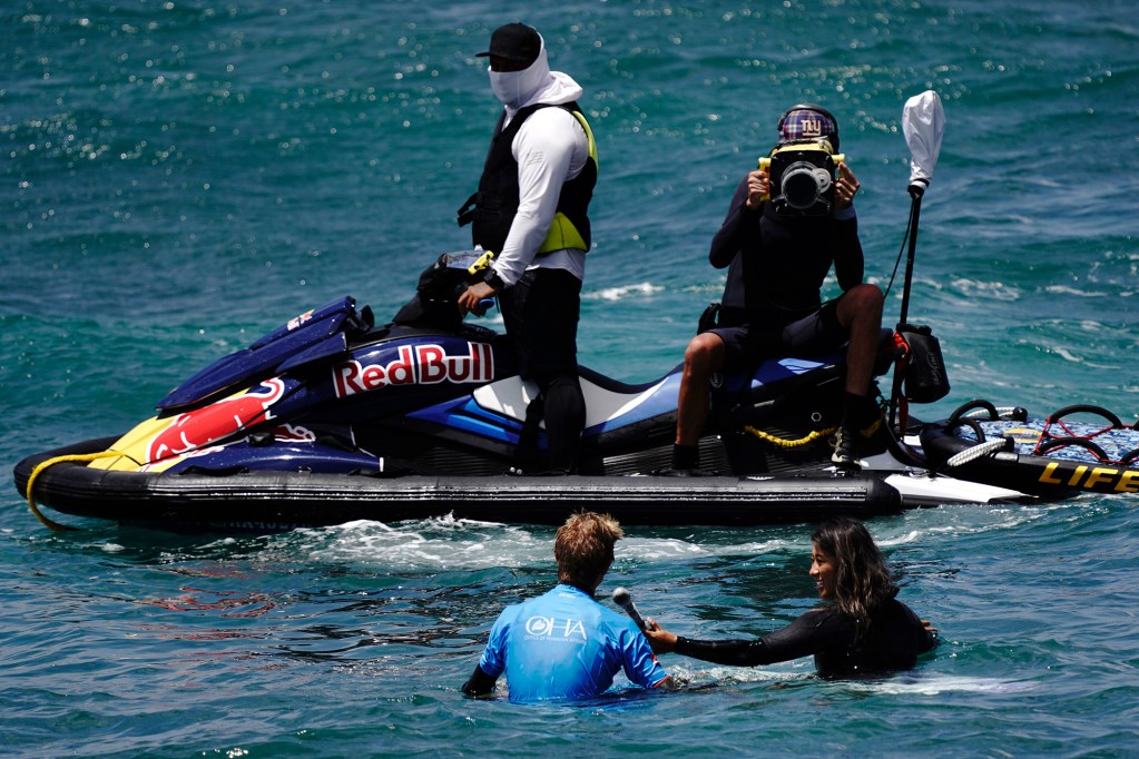 Felix Barton of Hawaiʻi Island’s Hawaii Academy of Arts & Science gets interviewed by Ocean Paddler TV for winning the inaugural Hawaiʻi High School Athletics Association surfing state championships in boys bodyboard Saturday, May 2, 2026, at Hoʻokipa Beach Park in Pāʻia. (Kevin Fujii/Civil Beat/2026)