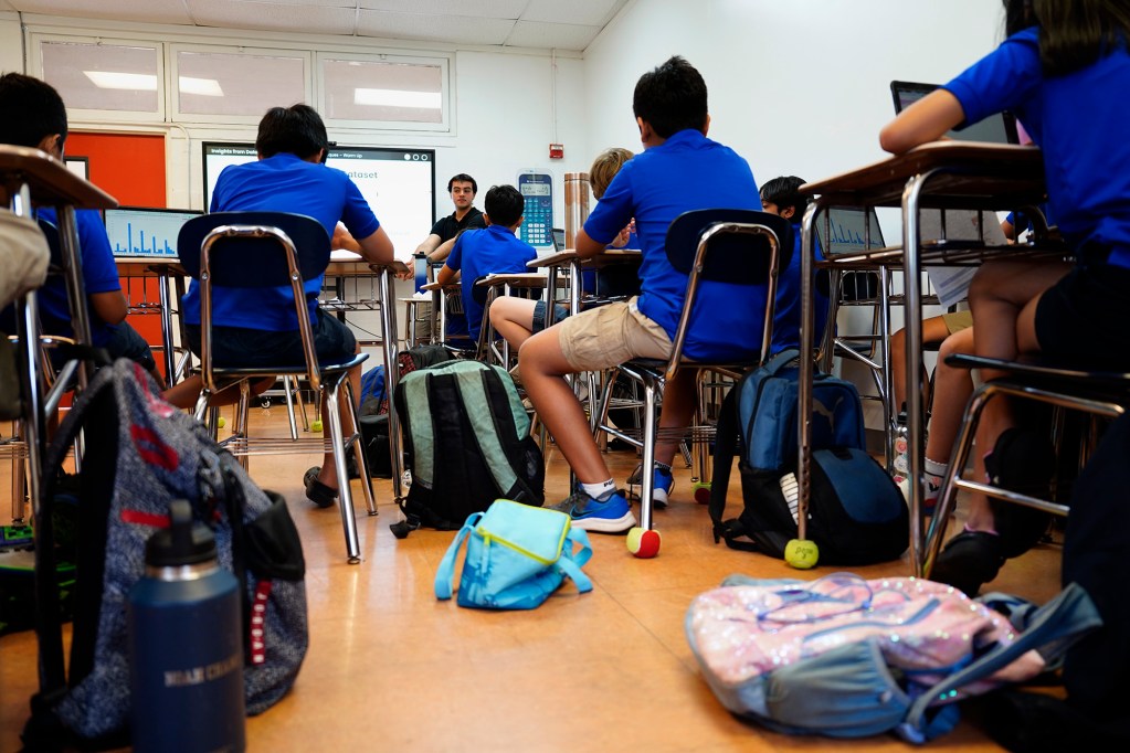 Backpacks are strewn across Kūlia Academy math and AI/data science teacher James Morice’s class Thursday, May 7, 2026, in Honolulu. (Kevin Fujii/Civil Beat/2026)